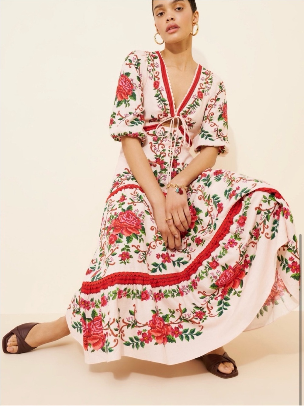 Farm Rio Floral Tie-Waist Maxi Dress in Pink and Red